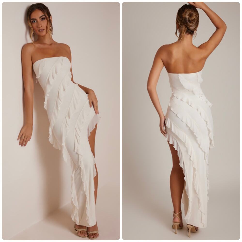 Oh Polly Nevali Bandeau Ruffle Detail Maxi Dress in Ivory Size 4 New